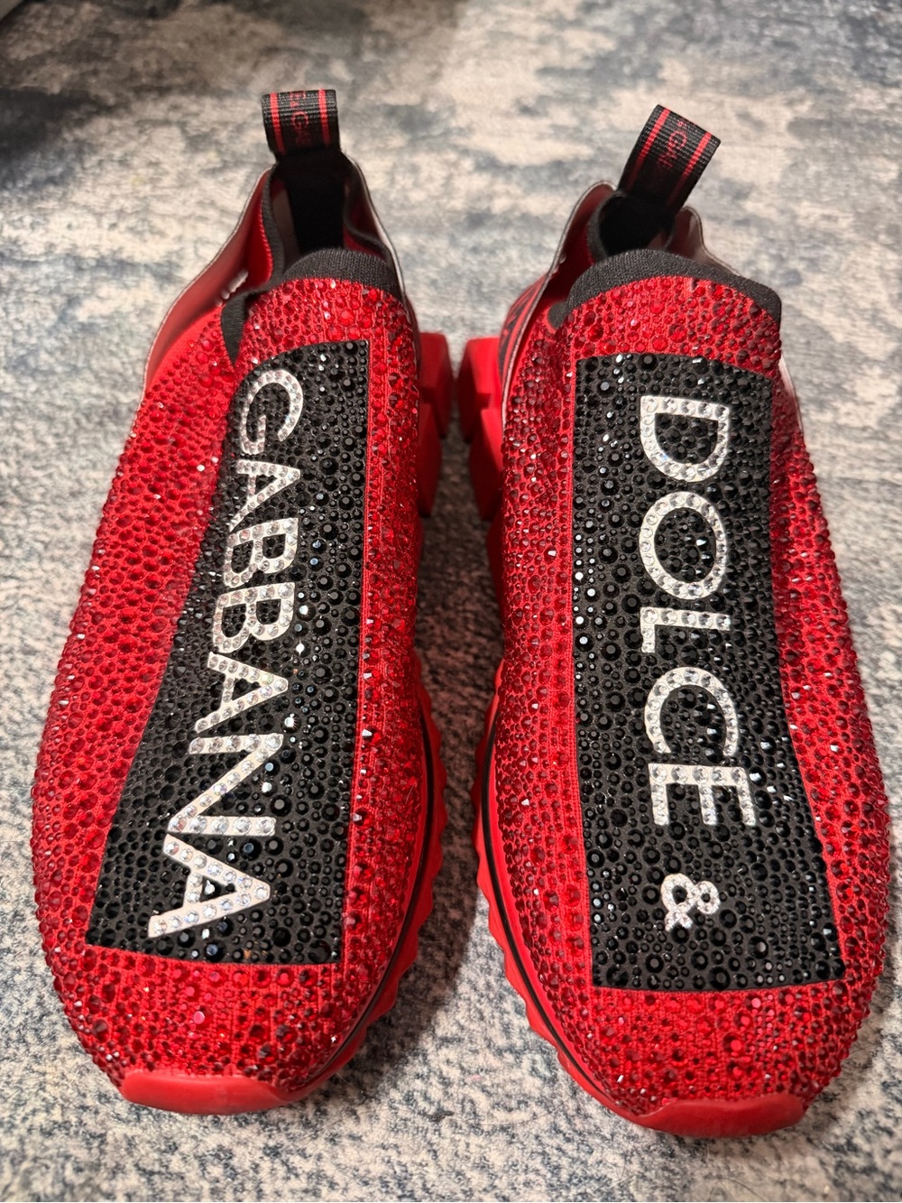 Dolce & Gabbana Red and Black Crystal Logo Slip-Ons